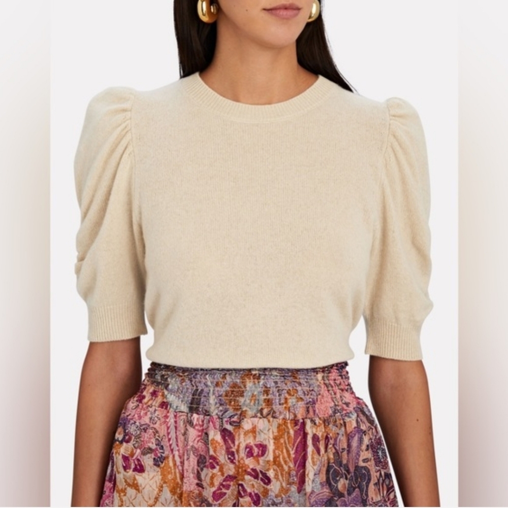 Frame Frankie Cashmere Ruched Puff Short Sleeve Vanilla Tan Sweater Size Large